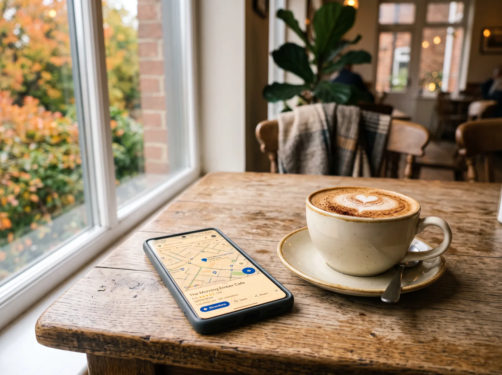 Telefoon met een bedrijfsvermelding op de kaart naast een cappuccino