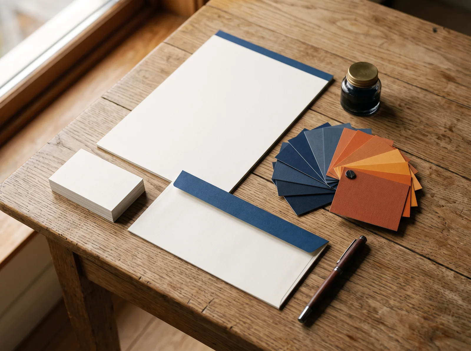 Huisstijl met visitekaartjes, briefpapier en kleurstalen