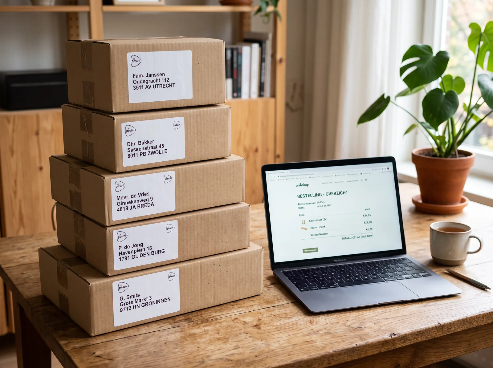 Ingepakte bestellingen naast een laptop met een orderoverzicht
