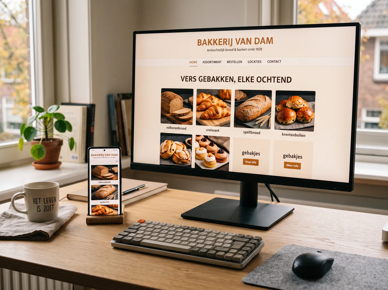 Dezelfde website op een beeldscherm en een telefoon