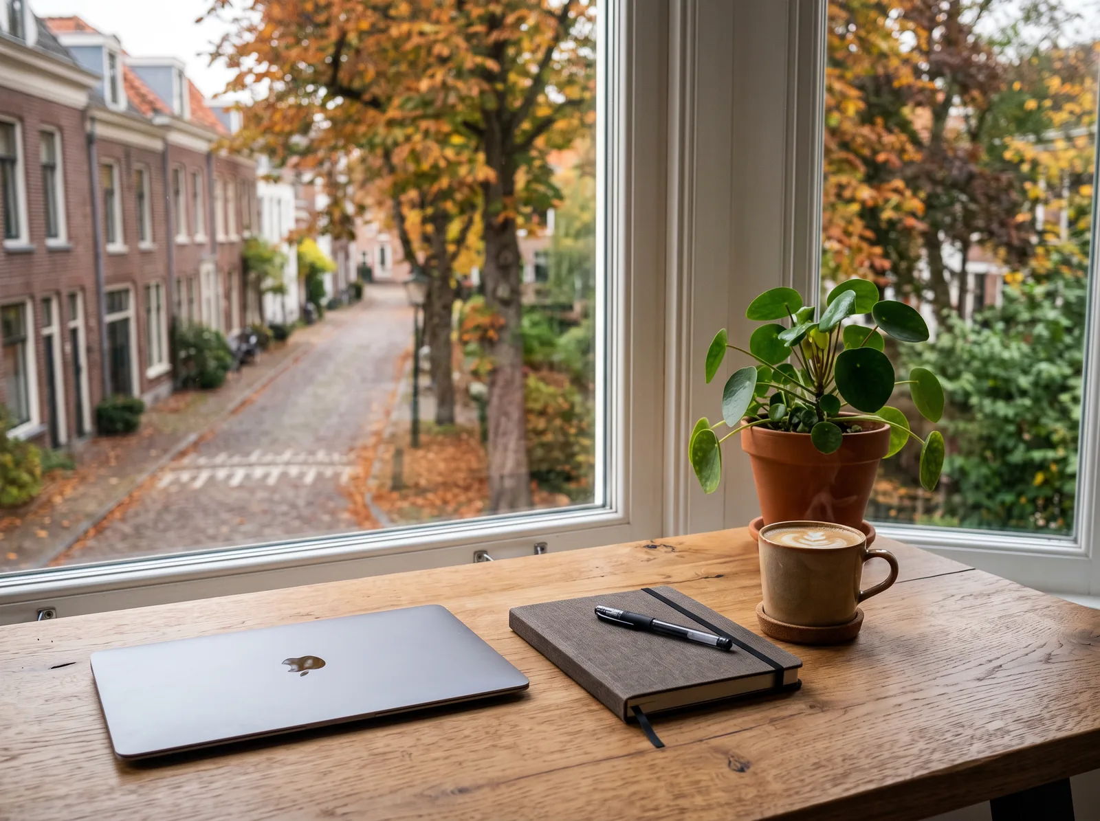 Opgeruimd bureau met laptop, notitieboek en koffie in ochtendlicht